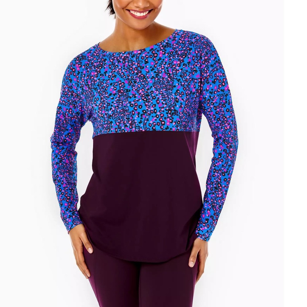 Lilly Pulitzer Etta Top Womens XS Purple Blue Leopard Floral Colorblock Shirt
